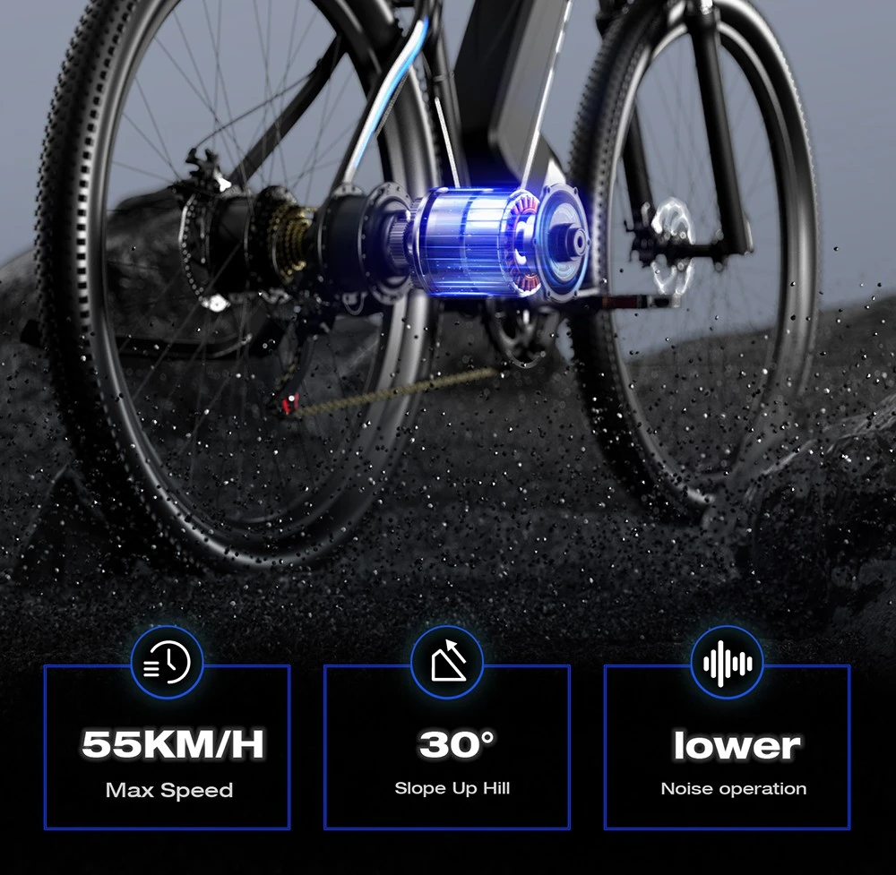 E·Bycco E8 Elcykel, 750W Motor, 48V 17.5Ah Batteri, 29-tums Däck, 48 km/h Maxhastighet, 105 km Räckvidd, Mekanisk Skivbroms, Fjädrande Framgaffel, Shimano 21-växlad, LCD-Display