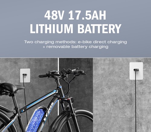 Vélo électrique E·Bycco E8, moteur 750 W, batterie 48 V 17,5 Ah, pneu 29 pouces, vitesse maximale 48 km/h, autonomie 105 km, frein à disque mécanique, fourche à suspension avant, Shimano 21 vitesses, écran LCD