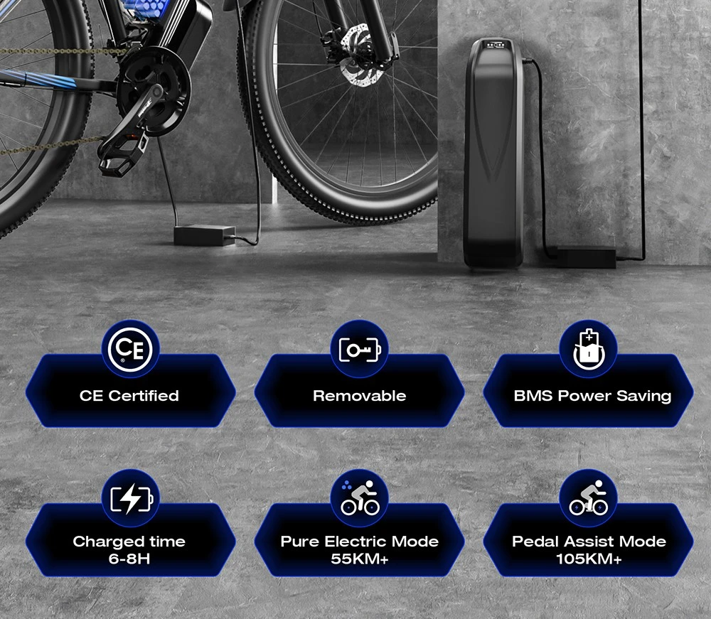 E·Bycco E8 Elcykel, 750W Motor, 48V 17.5Ah Batteri, 29-tums Däck, 48 km/h Maxhastighet, 105 km Räckvidd, Mekanisk Skivbroms, Fjädrande Framgaffel, Shimano 21-växlad, LCD-Display