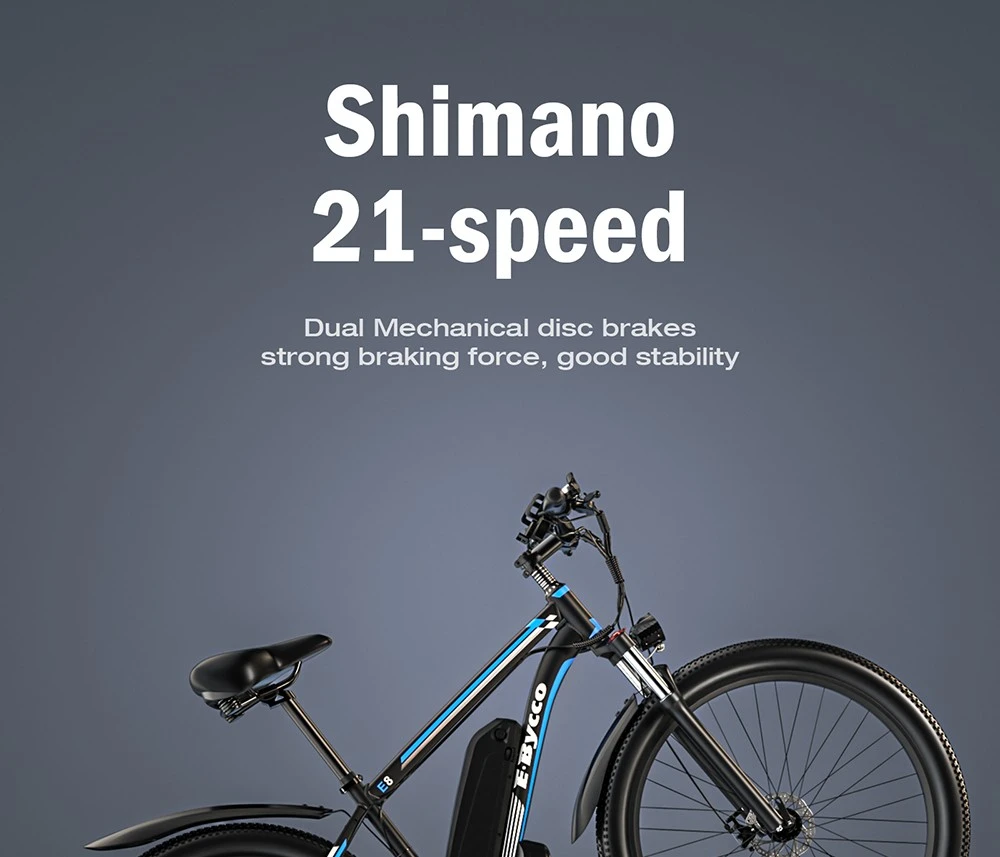 E·Bycco E8 Elcykel, 750W Motor, 48V 17.5Ah Batteri, 29-tums Däck, 48 km/h Maxhastighet, 105 km Räckvidd, Mekanisk Skivbroms, Fjädrande Framgaffel, Shimano 21-växlad, LCD-Display