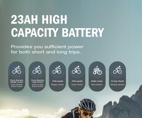 E·Bycco EB9 elektriskais velosipēds, 2*1000W motors, 52V 23AH akumulators, 26*4,0 collu riepas, maksimālais ātrums 55km/h, maksimālais diapazons 130km, hidrauliskās disku bremzes, pilna piekare, Shimano 7 ātrumu, LCD displejs