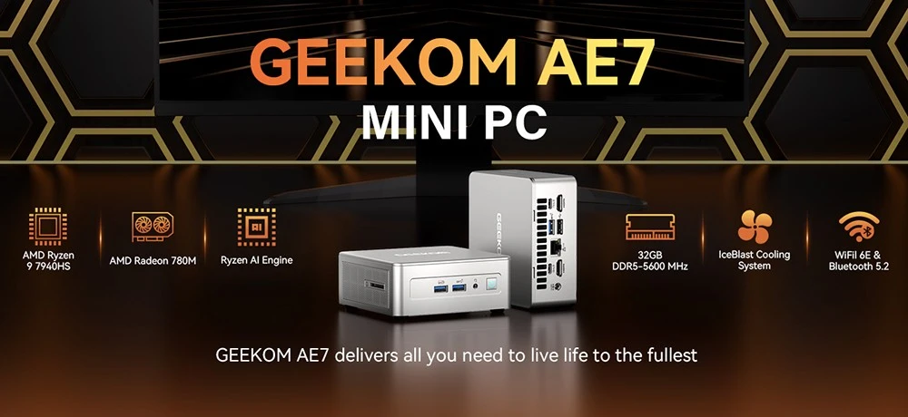 GEEKOM AE7 AI Mini PC, AMD Ryzen 9 7940HS 8 Cores Max 5.2GHz, 32GB DDR5 5600MHz RAM 1TB SSD, USB3.2 Type-C+USB4.0+2*HDMI2.0 Four Screens Display, WiFi 6E Bluetooth 5.2, 3*USB3.2 Type-A, 1*USB2.0, 1*2.5G RJ45, 1*SD Card Reader 1*Headphone Jack