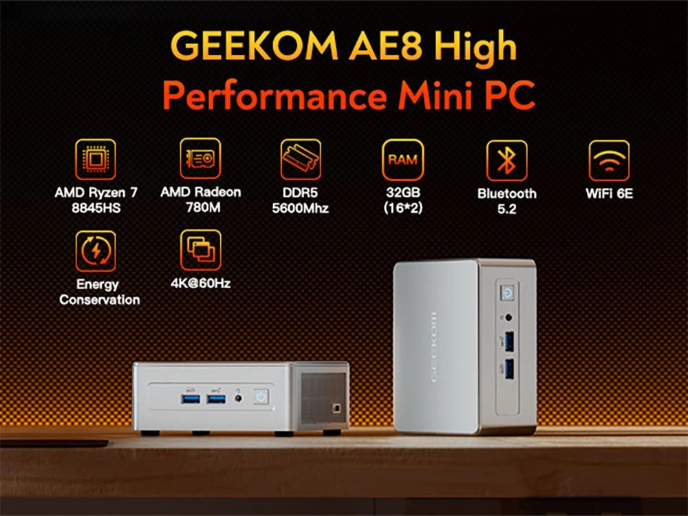 GEEKOM AE8 AI Mini PC, AMD Ryzen 7 8845HS 8 Cores Max 5.1GHz, 32GB DDR5 5600MHz RAM 512GB SSD, USB 3.2 Type-C (4K)+USB 4.0 (8K)+2*HDMI 2.0 (4K) Quad Display, WiFi 6E Bluetooth 5.2, 3*USB 3.2, 1*USB 2.0, 1*2.5G LAN, 1*SD Card Reader, 1*Headphone Jack