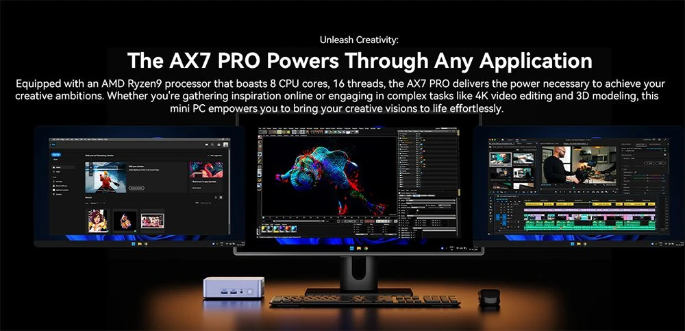 GEEKOM AX7 Pro Mini PC, AMD Ryzen R9 7940HS 8 Core Max 5.2GHz, 32GB DDR5 5600MHz RAM 2TB SSD, USB3.2 Type-C (4K)+USB4.0 (8K)+2*HDMI2.0 (4K) Four Screens Display, WiFi 6E Bluetooth 5.2, 3*USB3.2, 1*USB2.0, 1*2.5G RJ45 1*Audio Jack, IceBlast Cooling