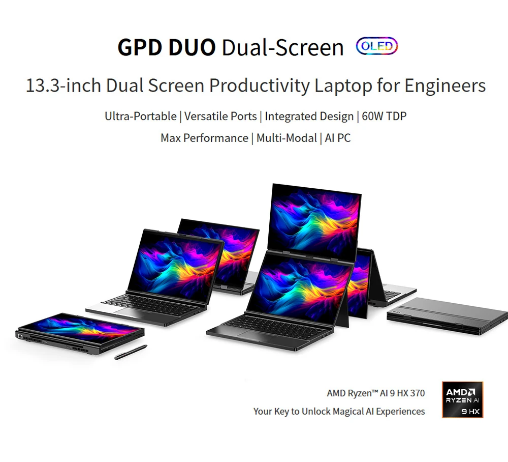 GPD DUO 13.3-inch Dual-OLED Screen Laptop, AMD Ryzen AI 9 HX 370 (12 Core Max 5.1GHz), 2880*1800,  32GB LPDDR5 RAM 1TB SSD, WiFi 6E Bluetooth 5.3, Built-in Hyper-Linear Speakers, 1* USB4 (40Gbps), 1*USB-C (10Gbps), 1*Oculink, 1*HDMI 2.1, 2*USB-A