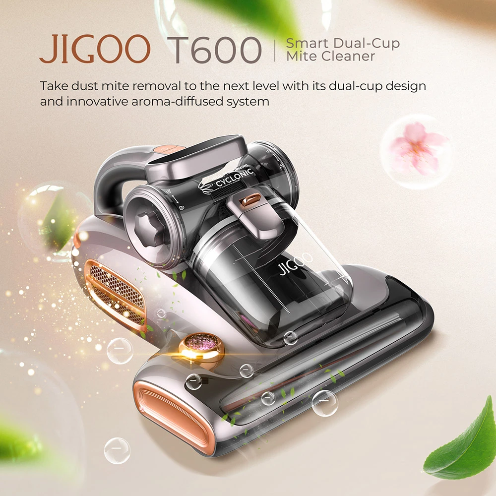 JIGOO T600 Dual-Cup Smart Anti-Mite Cleaner Bed Vacuum Cleaner, 700W 15KPa Suction, Dust Mite Sensor, UV Light, Ultrasonic Tech, 99.99% Mites Removal, US Plug - Grey