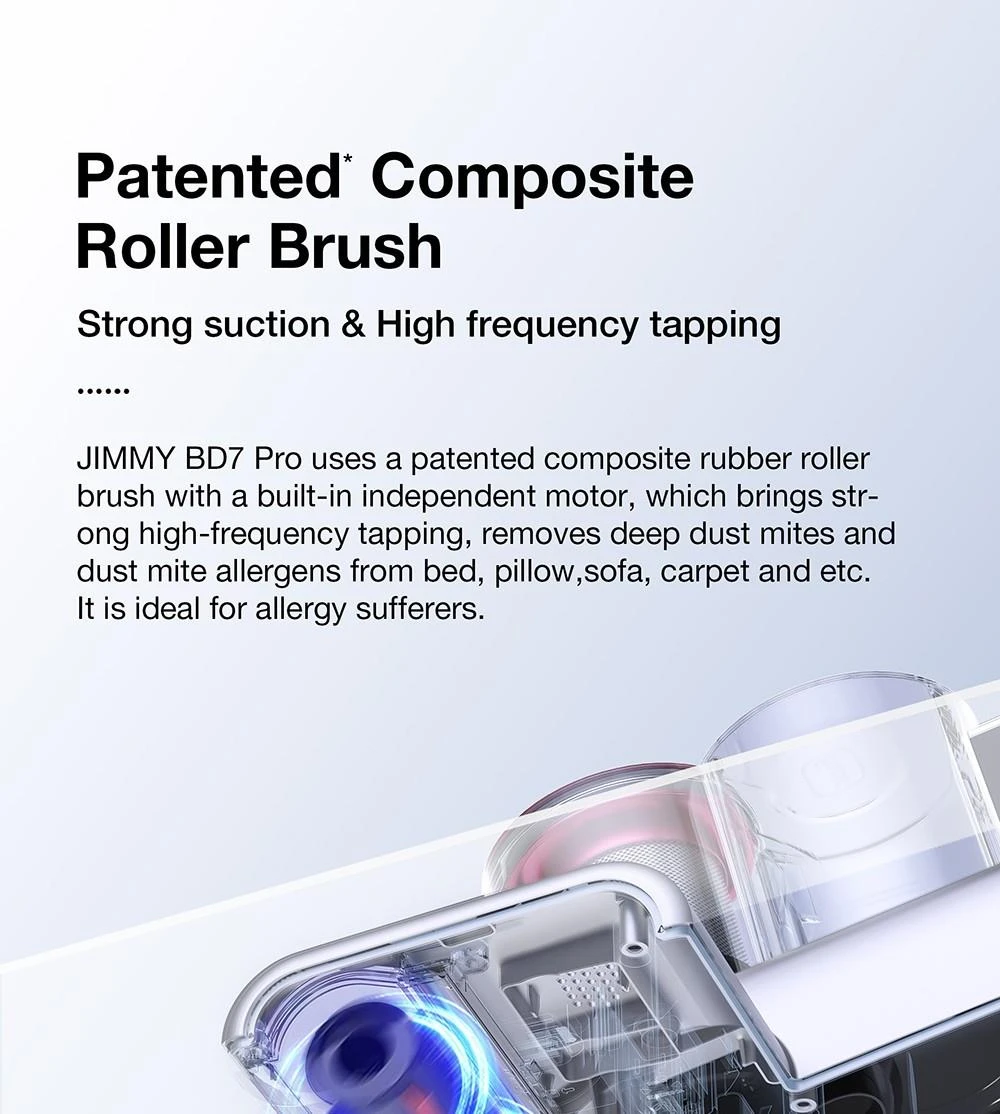 JIMMY BD7 Pro Cordless Double Cup Anti-Mite Vacuum Cleaner 250W 6Kpa Bed Vacuum Cleaner Smart Dust Sensor UV & Ultrasound Technology Negative Ion Function 30Mins Runtime LED Display