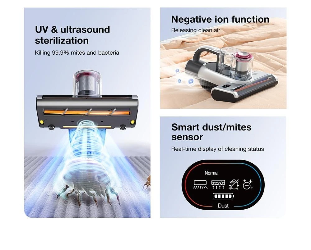 JIMMY BD7 Pro Cordless Double Cup Anti-Mite Vacuum Cleaner 250W 6Kpa Bed Vacuum Cleaner Smart Dust Sensor UV & Ultrasound Technology Negative Ion Function 30Mins Runtime LED Display