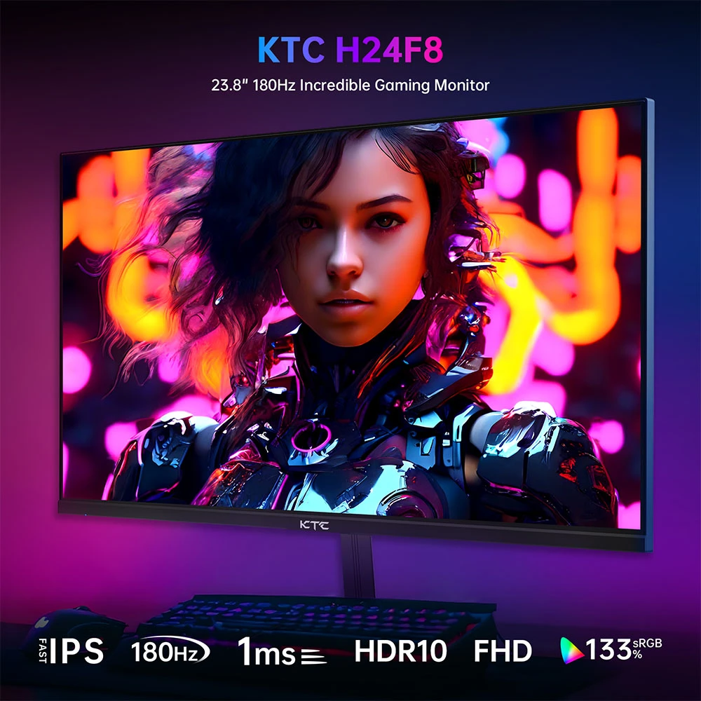 KTC H24F8 Gaming Monitor, 23.8'' 1920*1080 16:9 Fast IPS Screen, 180Hz Refresh Rate, 1ms Response Time, 1000:1 Contrast Ratio, HDR10, 135% sRGB, Adaptive-Sync, Dynamic Action Sync, Game Assist, Low Blue Light & Flicker-Free, VESA Mount