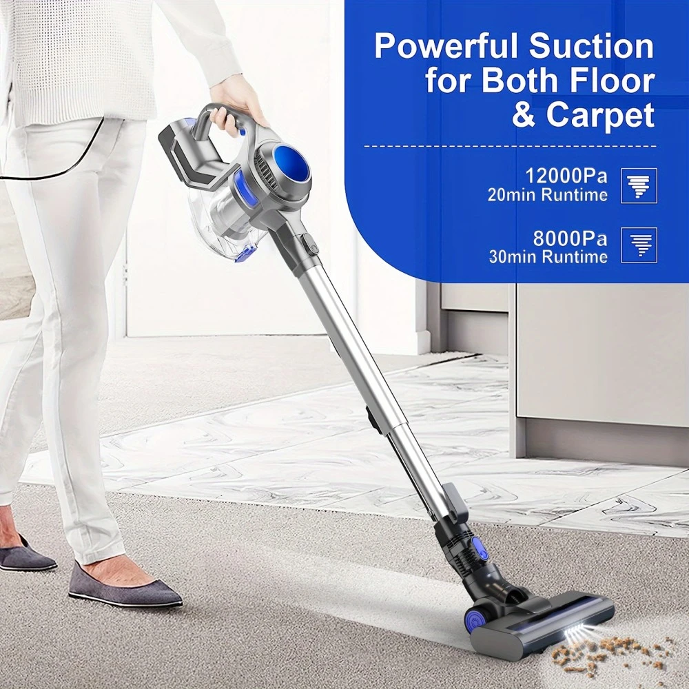 MOOSOO XL-618A Cordless Stick Vacuum Cleaner, 12KPa Strong Suction, 30min Max. Runtime, 120W Brushless Motor, LED Electric Brush, 1.3L Large Dust Cup, 2 Modes