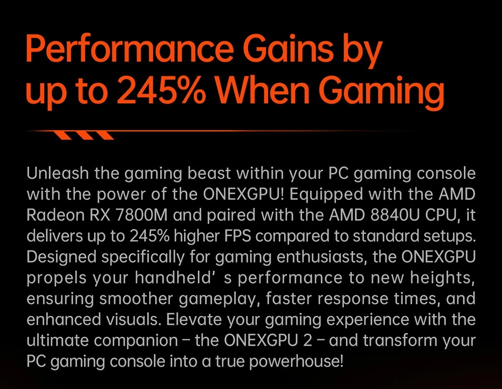One Netbook ONEXGPU 2 eGPU Dock with AMD Radeon RX 7800M GPU, 12GB GDDR6 RAM, 192bit, 1*Oculink, 1*USB-C 4.0, 2*USB 3.2, 1*PCIe 3.0 SSD), 1*RJ45, 1*HDMI 2.1, 2*DP 2.0, 65W Reverse Charging, RGB Light Effects