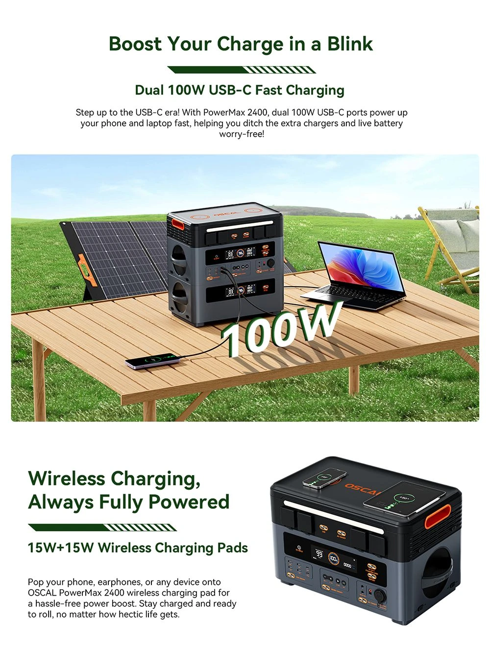 Oscal PowerMax2400 2400W 1872kWh Portable Power Station, Dual Speaker, 1.2h Fast Charging, App Control, LED Light, 16 Outputs, UPS<0.01s