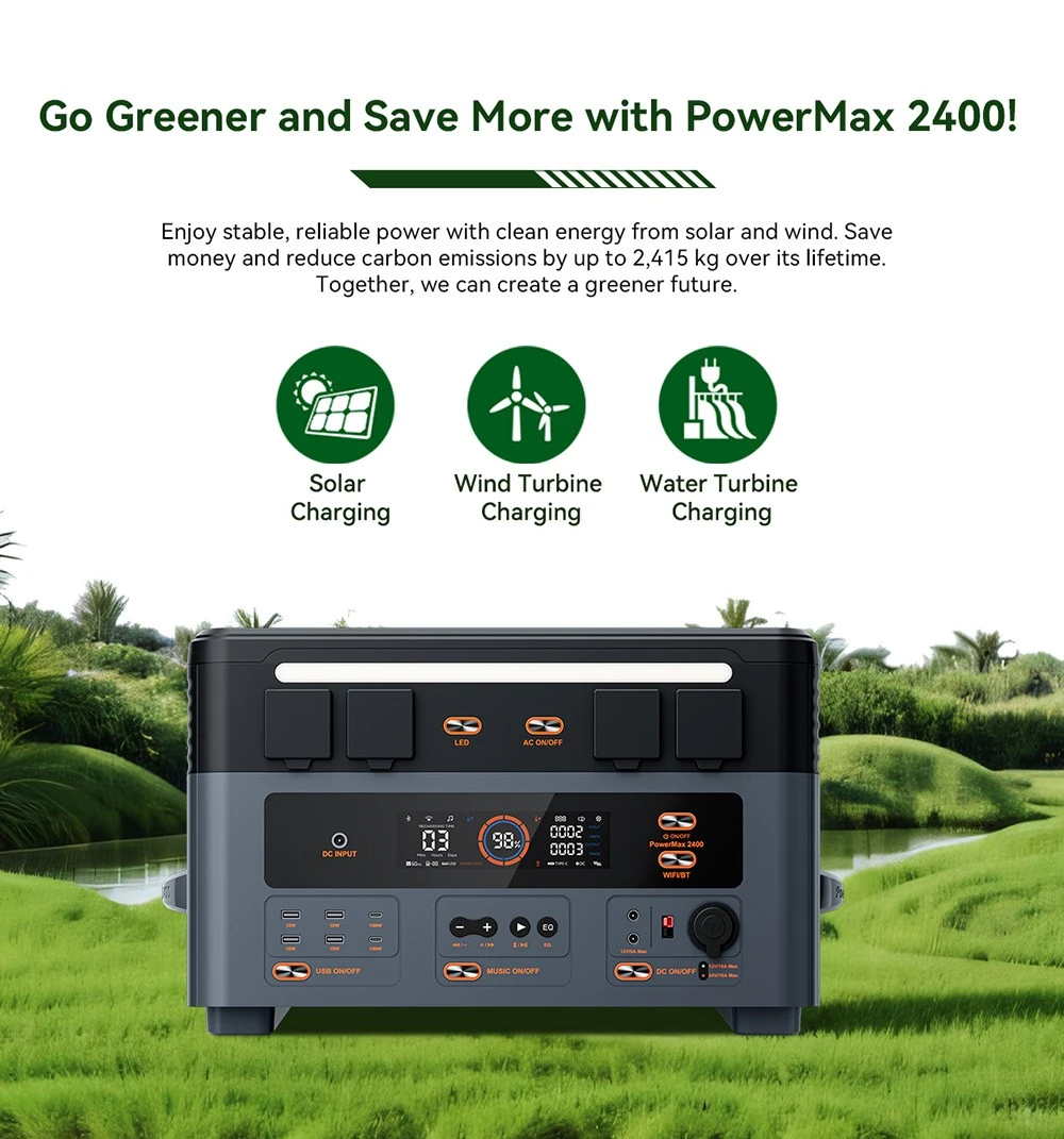 Oscal PowerMax2400 2400W 1872kWh Portable Power Station, Dual Speaker, 1.2h Fast Charging, App Control, LED Light, 16 Outputs, UPS<0.01s