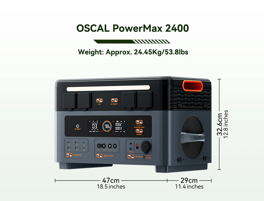 Oscal PowerMax2400 2400W 1872kWh Portable Power Station, Dual Speaker, 1.2h Fast Charging, App Control, LED Light, 16 Outputs, UPS<0.01s