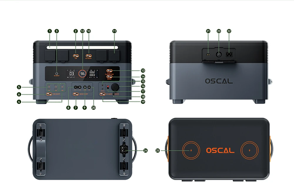 Oscal PowerMax2400 2400W 1872kWh Portable Power Station, Dual Speaker, 1.2h Fast Charging, App Control, LED Light, 16 Outputs, UPS<0.01s