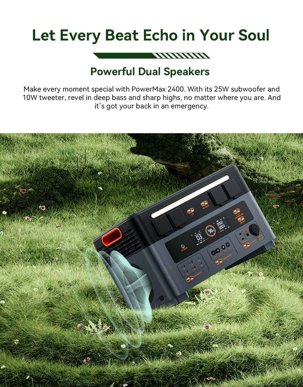 Oscal PowerMax2400 2400W 1872kWh Portable Power Station, Dual Speaker, 1.2h Fast Charging, App Control, LED Light, 16 Outputs, UPS<0.01s