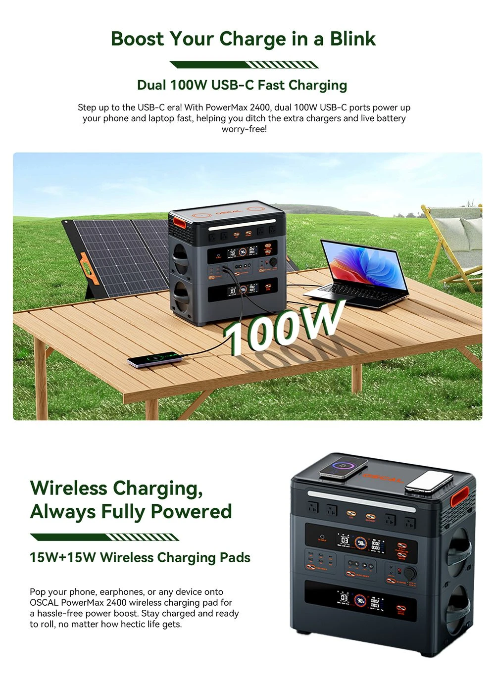 Oscal PowerMax2400 2400W 1872kWh Portable Power Station, Dual Speaker, 1.2h Fast Charging, App Control, LED Light, 16 Outputs, UPS<0.01s