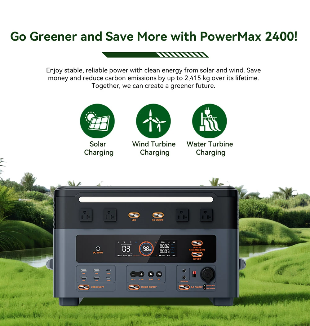 Oscal PowerMax2400 2400W 1872kWh Portable Power Station, Dual Speaker, 1.2h Fast Charging, App Control, LED Light, 16 Outputs, UPS<0.01s