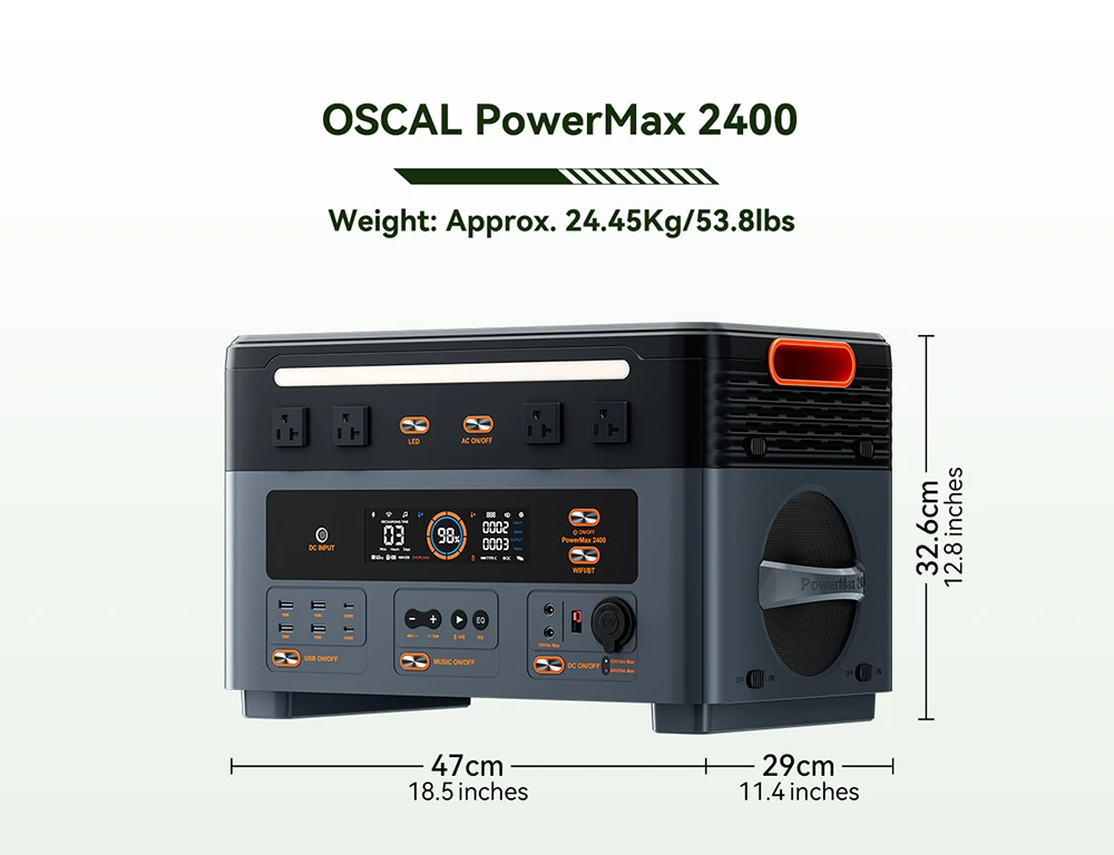 Oscal PowerMax2400 2400W 1872kWh Portable Power Station, Dual Speaker, 1.2h Fast Charging, App Control, LED Light, 16 Outputs, UPS<0.01s