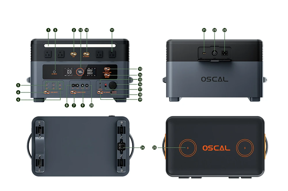 Oscal PowerMax2400 2400W 1872kWh Portable Power Station, Dual Speaker, 1.2h Fast Charging, App Control, LED Light, 16 Outputs, UPS<0.01s