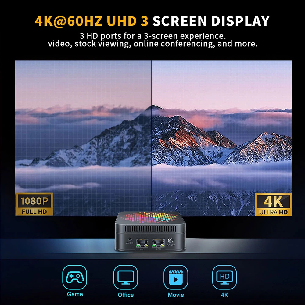 RUPA HSI-N100 Mini PC, Intel N100 4 Cores Max 3.4GHz, 12GB RAM 512GB SSD, 3*HDMI 4K 60Hz Triple Screen Display, WiFi 6 Bluetooth 5.2, 3*USB 3.0 2*RJ45 1* 3.5mm Audio