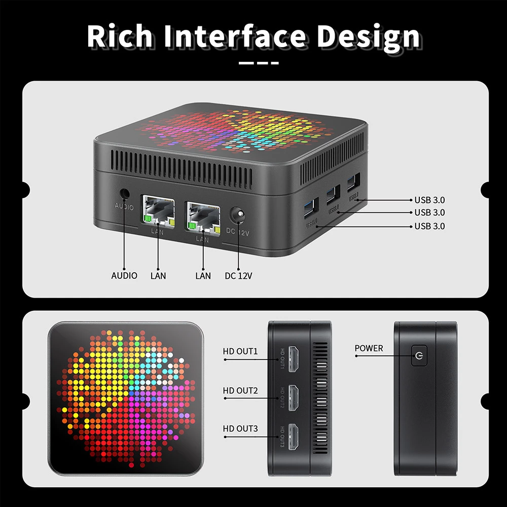 RUPA HSI-N100 Mini PC, Intel N100 4 Cores Max 3.4GHz, 12GB RAM 512GB SSD, 3*HDMI 4K 60Hz Triple Screen Display, WiFi 6 Bluetooth 5.2, 3*USB 3.0 2*RJ45 1* 3.5mm Audio