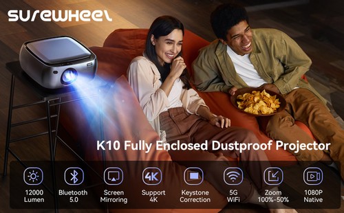 SUREWHEEL K10 Projector, Native 1080P, 4K Support, 200inch Display, 5G WiFi & Bluetooth 5.0, 12000 Lumens, Zoom Function, Keystone Correction, Beamer mit System