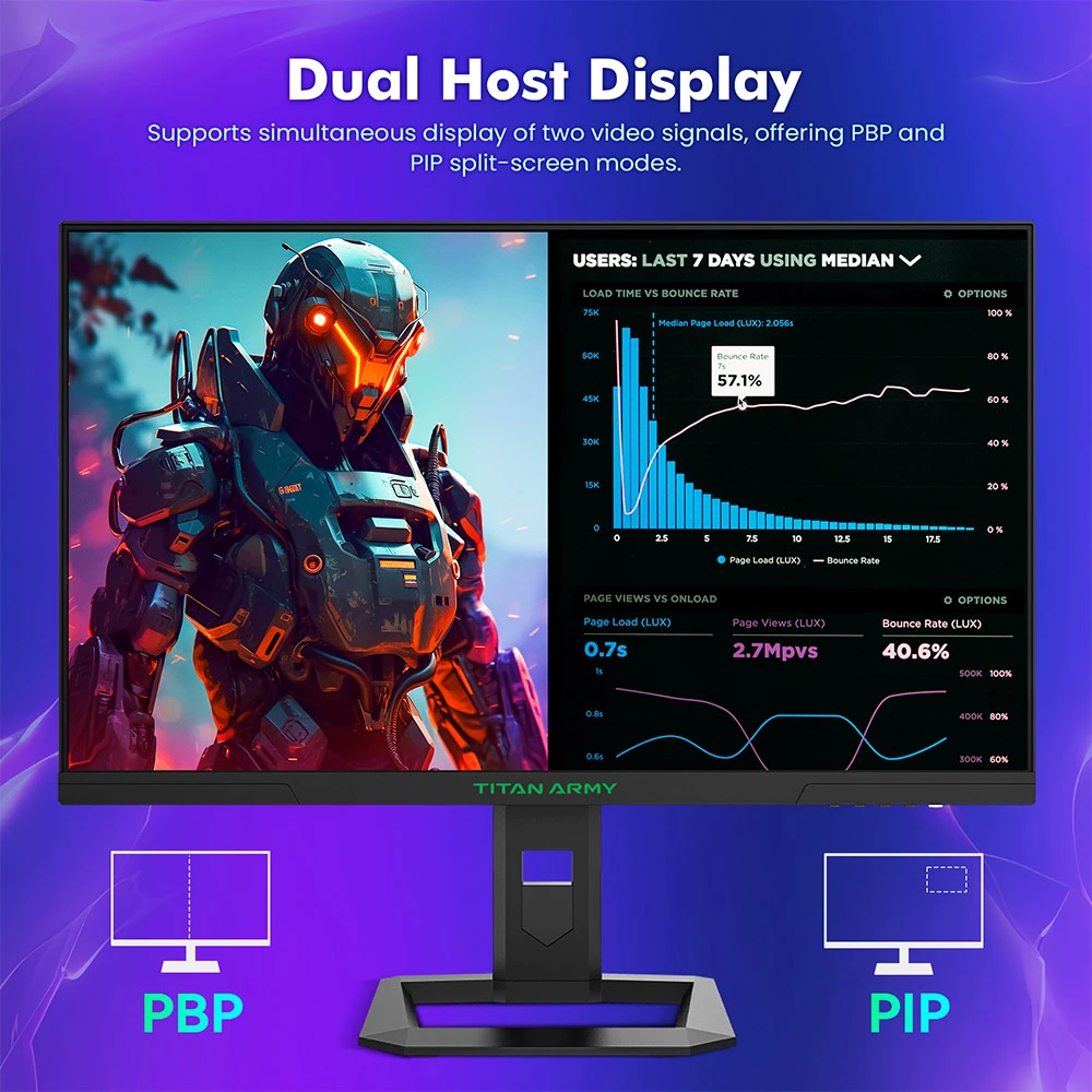 TITAN ARMY P2710S Gaming Monitor, 27'' 2560*1440 Fast IPS Screen,  240Hz Refresh Rate, 1ms GTG, HDR400, Adaptive-Sync, Dynamic OD, Game Assist, 10 Scenario Modes, PBP&PIP Display, Low Blue Light, Adjustable Rotating Stand, Wall Mount Support