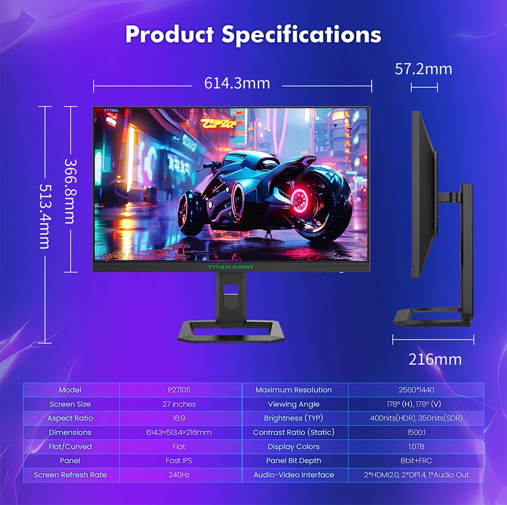 TITAN ARMY P2710S Gaming Monitor, 27'' 2560*1440 Fast IPS Screen,  240Hz Refresh Rate, 1ms GTG, HDR400, Adaptive-Sync, Dynamic OD, Game Assist, 10 Scenario Modes, PBP&PIP Display, Low Blue Light, Adjustable Rotating Stand, Wall Mount Support