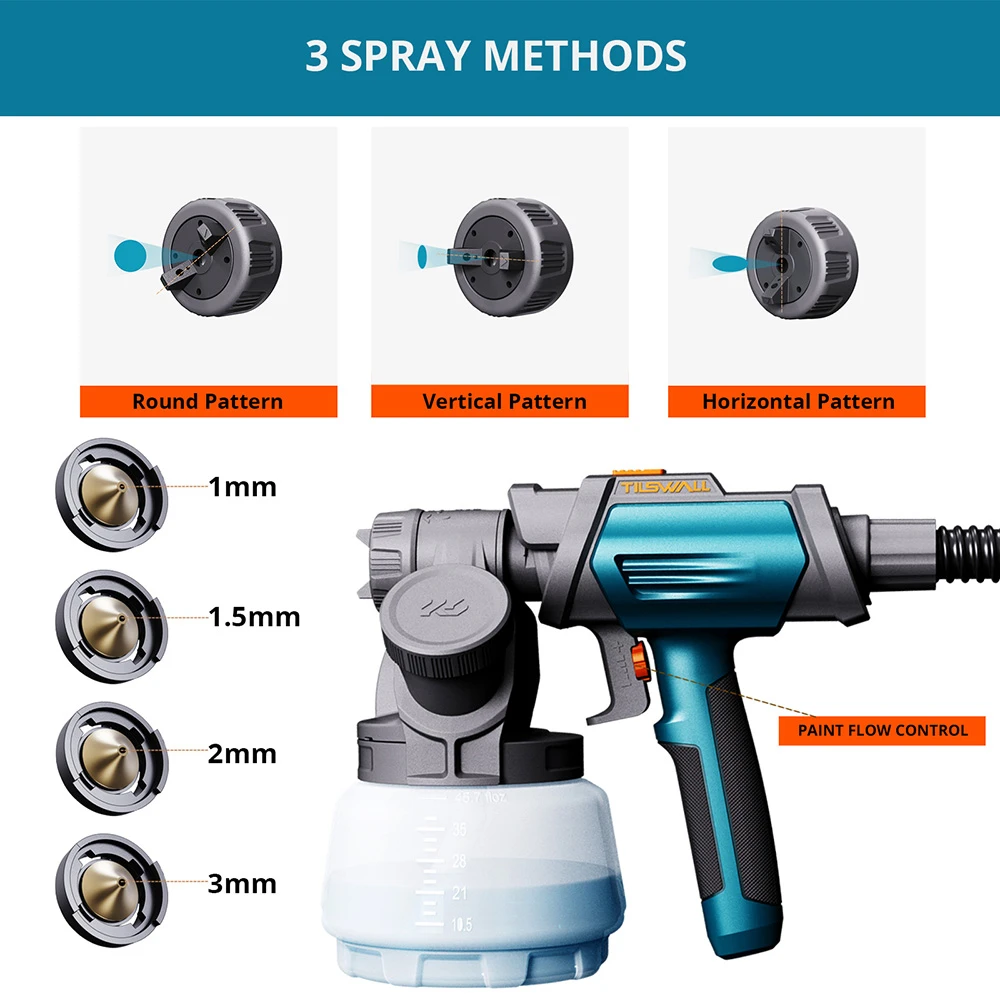 Tilswall Shark 800W Paint Sprayer, with 2.5m/8.2FT Airhose, 3 Nozzles Sizes, 3 Spray Patterns, Max 1200ml/min Speed