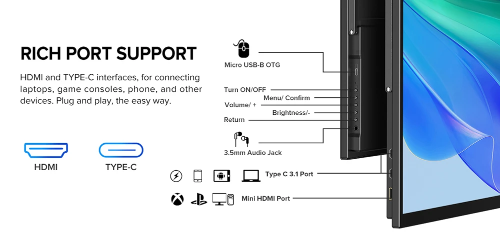 UPERFECT UMax22 22-inch Portable Monitor, 60Hz Refresh Rate, 2560*1440 IPS Screen, 100% sRGB, FreeSync, Built-in Speakers, Driver Free, HDR, Low Blue Light, 180° Adjustable Stand, 2*USB-C, 1*Mini HDMI, 1*Micro USB-B OTG, 1*Audio Jack - US Plug