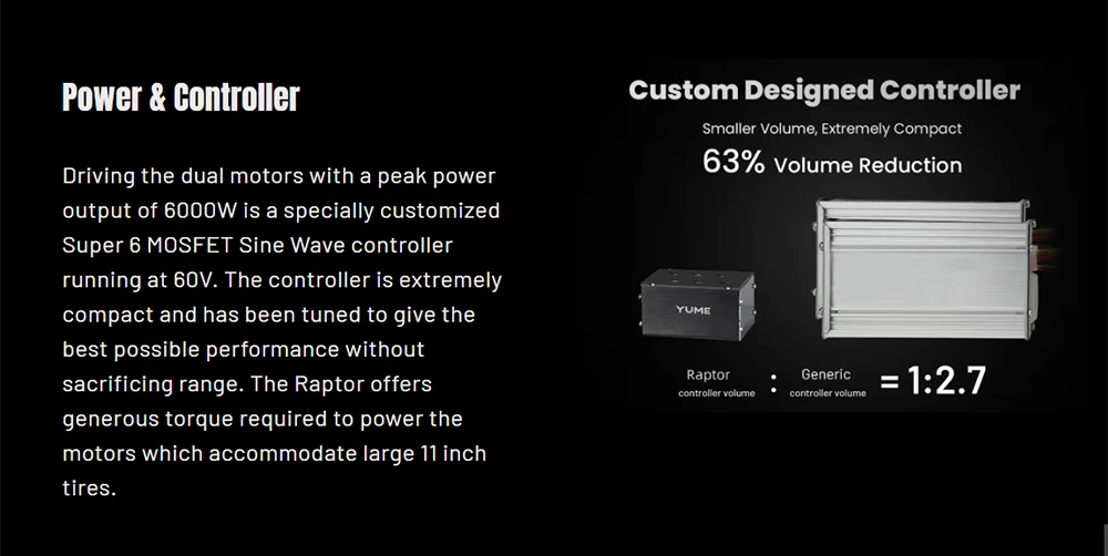 Trottinette électrique YUME Raptor, moteur 3000 W x 2, batterie 60 V 27 Ah, pneus tout-terrain 11 pouces, vitesse maximale 80 km/h, autonomie 90 km, freins hydrauliques + freins électriques, amortisseurs hydrauliques avant et arrière, écran LCD
