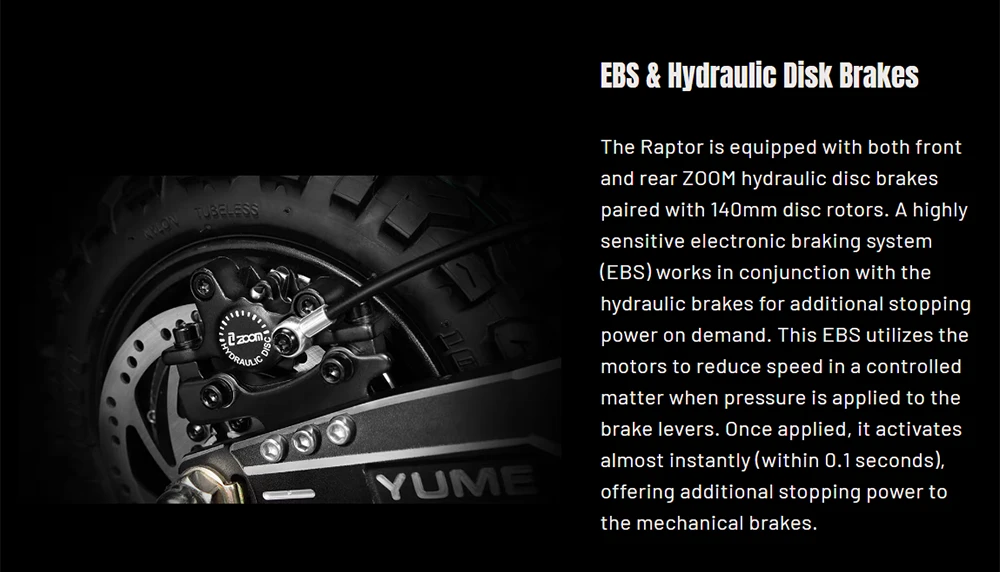 Trottinette électrique YUME Raptor, moteur 3000 W x 2, batterie 60 V 27 Ah, pneus tout-terrain 11 pouces, vitesse maximale 80 km/h, autonomie 90 km, freins hydrauliques + freins électriques, amortisseurs hydrauliques avant et arrière, écran LCD