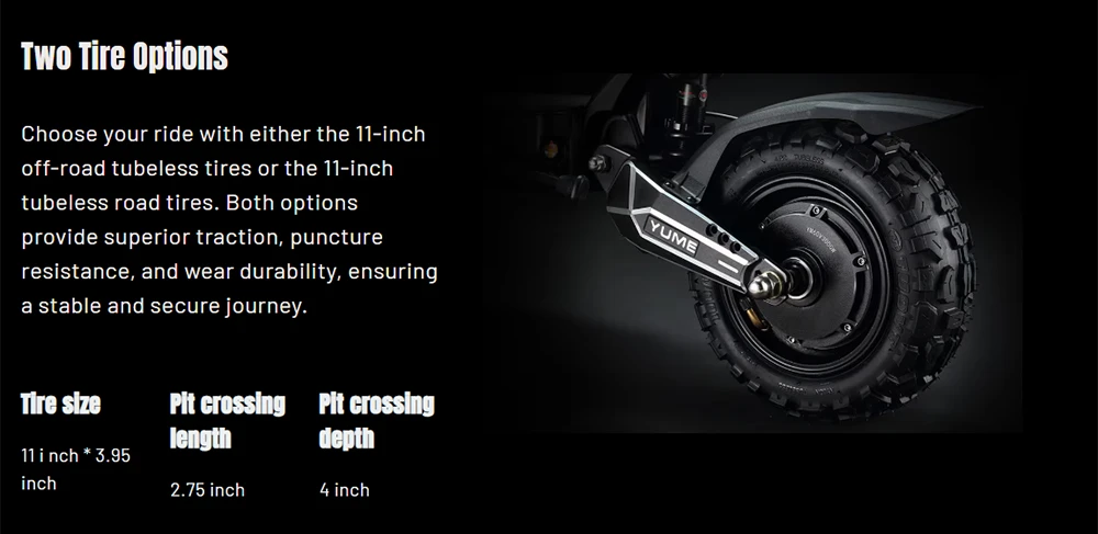 Trottinette électrique YUME Raptor, moteur 3000 W x 2, batterie 60 V 27 Ah, pneus tout-terrain 11 pouces, vitesse maximale 80 km/h, autonomie 90 km, freins hydrauliques + freins électriques, amortisseurs hydrauliques avant et arrière, écran LCD