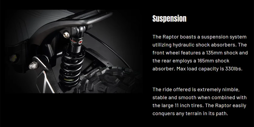 Trottinette électrique YUME Raptor, moteur 3000 W x 2, batterie 60 V 27 Ah, pneus tout-terrain 11 pouces, vitesse maximale 80 km/h, autonomie 90 km, freins hydrauliques + freins électriques, amortisseurs hydrauliques avant et arrière, écran LCD