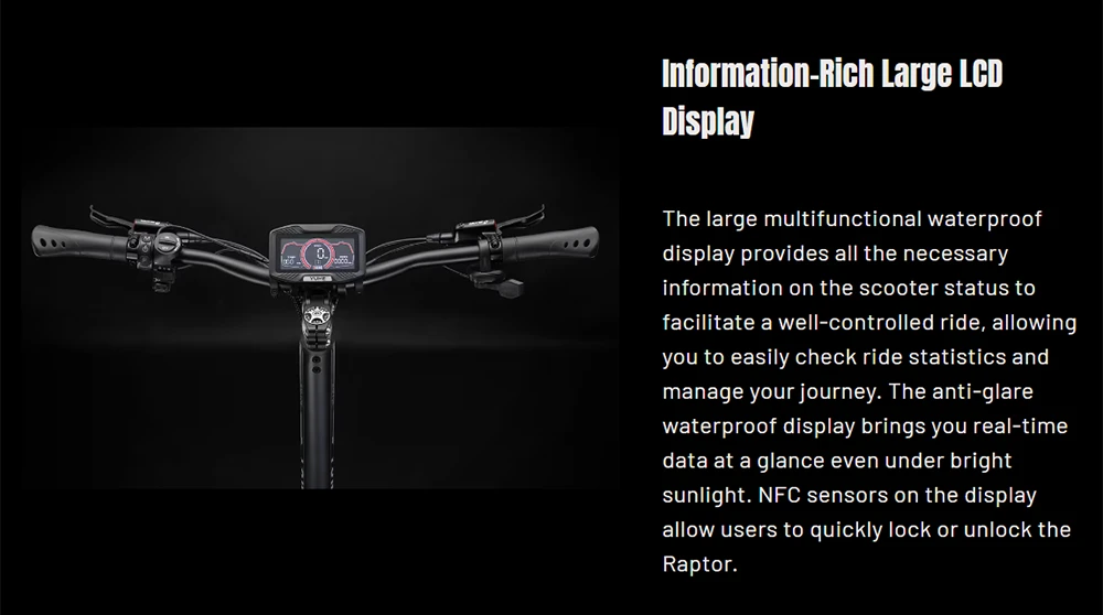 Trottinette électrique YUME Raptor, moteur 3000 W x 2, batterie 60 V 27 Ah, pneus tout-terrain 11 pouces, vitesse maximale 80 km/h, autonomie 90 km, freins hydrauliques + freins électriques, amortisseurs hydrauliques avant et arrière, écran LCD