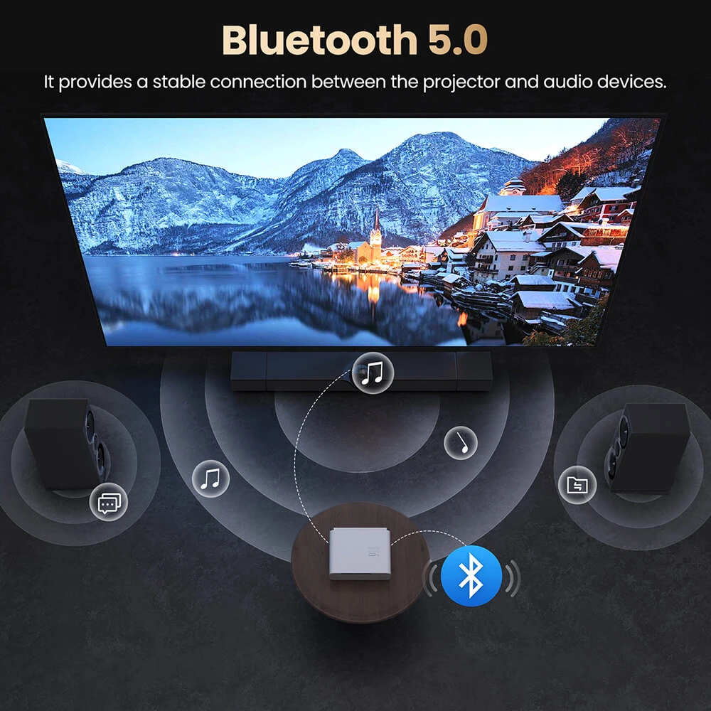 Projecteur Android Hunkstar P3 1000 ANSI, 1080P natif, décodage 4K, HDR10, correction automatique du trapèze et mise au point automatique, Android 9.0, Bluetooth 5.0, WiFi 6, 2 haut-parleurs 5 W