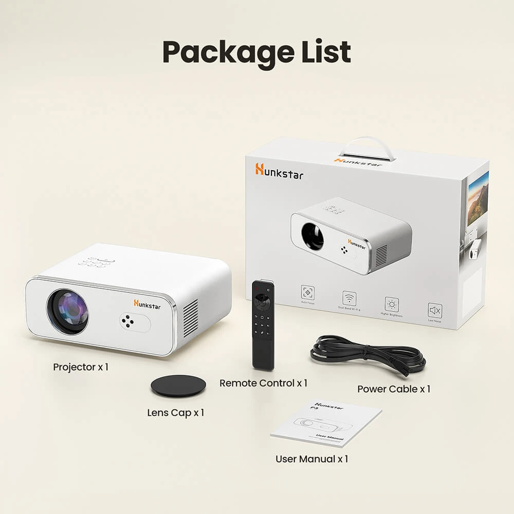 Projecteur Android Hunkstar P3 1000 ANSI, 1080P natif, décodage 4K, HDR10, correction automatique du trapèze et mise au point automatique, Android 9.0, Bluetooth 5.0, WiFi 6, 2 haut-parleurs 5 W