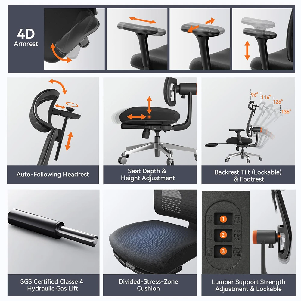 Chaise ergonomique NEWTRAL MagicH-BPro avec repose-pieds, appui-tête à suivi automatique du dossier, support lombaire adaptatif, accoudoir réglable, 4 positions de verrouillage - Noir