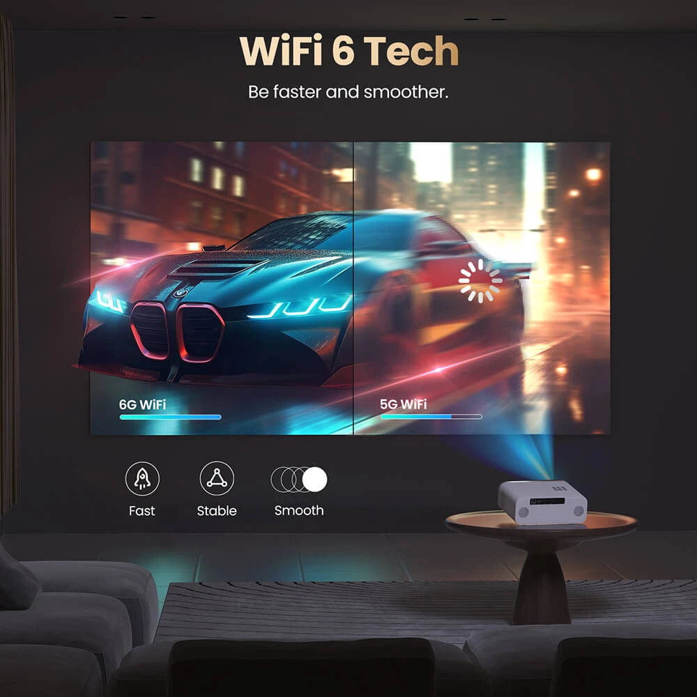 Projecteur Android Hunkstar P3 1000 ANSI, 1080P natif, décodage 4K, HDR10, correction automatique du trapèze et mise au point automatique, Android 9.0, Bluetooth 5.0, WiFi 6, 2 haut-parleurs 5 W