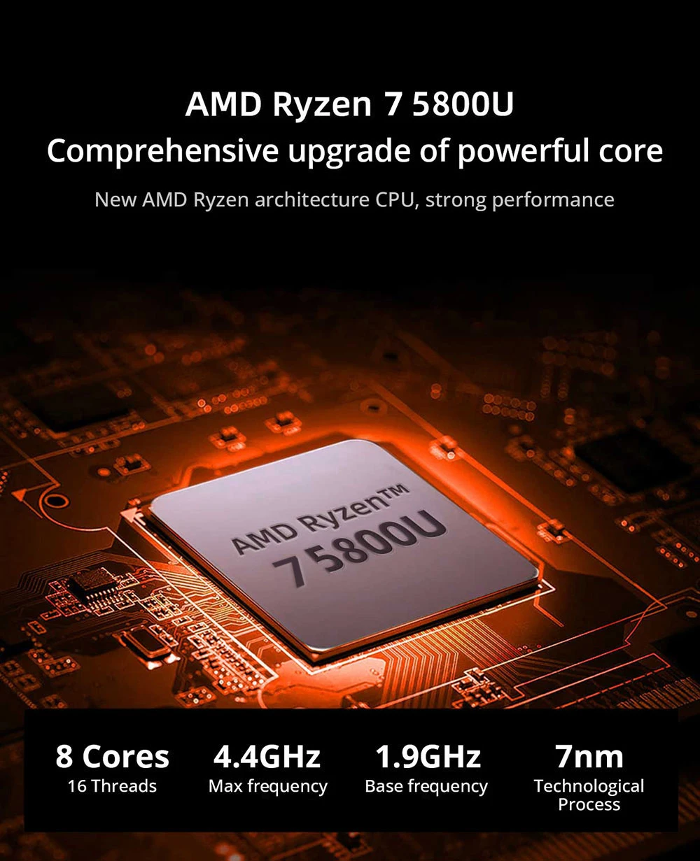 OUVIS AMR5 Gaming Mini PC, AMD Ryzen 7 5800U Octa Cores up to 4.4GHz, 16GB DDR4 512GB NVME SSD Desktop Computer, HDMI+DP+Type-C Triple 4K 60Hz Display, WiFi 5 Bluetooth 5.0, 4*USB 3.0, 1Gbps Ethernet, Audio, Silent/Balance/Performance Modes - EU Plug