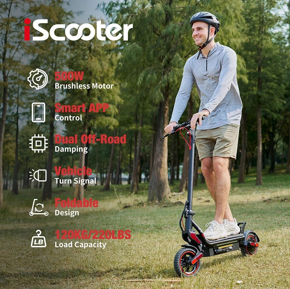 iScooter W8 Electric Scooter, 500W Motor, 48V 10.4Ah Battery, 9.3-inch Tire, 40km/h Max Speed, 40km Range, Front Disc Brake+Rear Drum Brake, Dual Shock Absorption, App Control