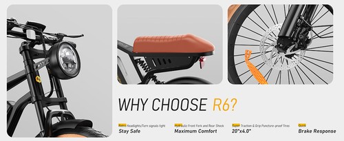 isinwheel R6 Electric Bike, 250W Motor, 48V 13Ah Battery, 20*4-inch Tires, 45km/h Max Speed, 100km Range, Dual Disc Brakes, Hydraulic Front Fork + Rear Shock Absorber, Shimano 7-speed, LCD Display