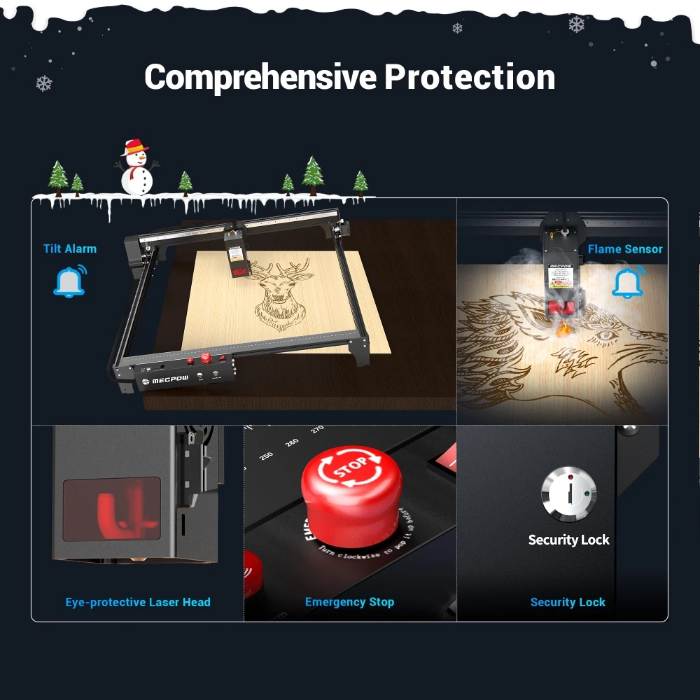 Graveur laser Mecpow X5 Pro, puissance laser 33 W, assistance pneumatique automatique, point laser 0,08 x 0,1 mm, vitesse de gravure 28 000 mm/min, verrouillage de sécurité, arrêt d'urgence, détection de flamme, gravure hors ligne, 600 x 600 mm