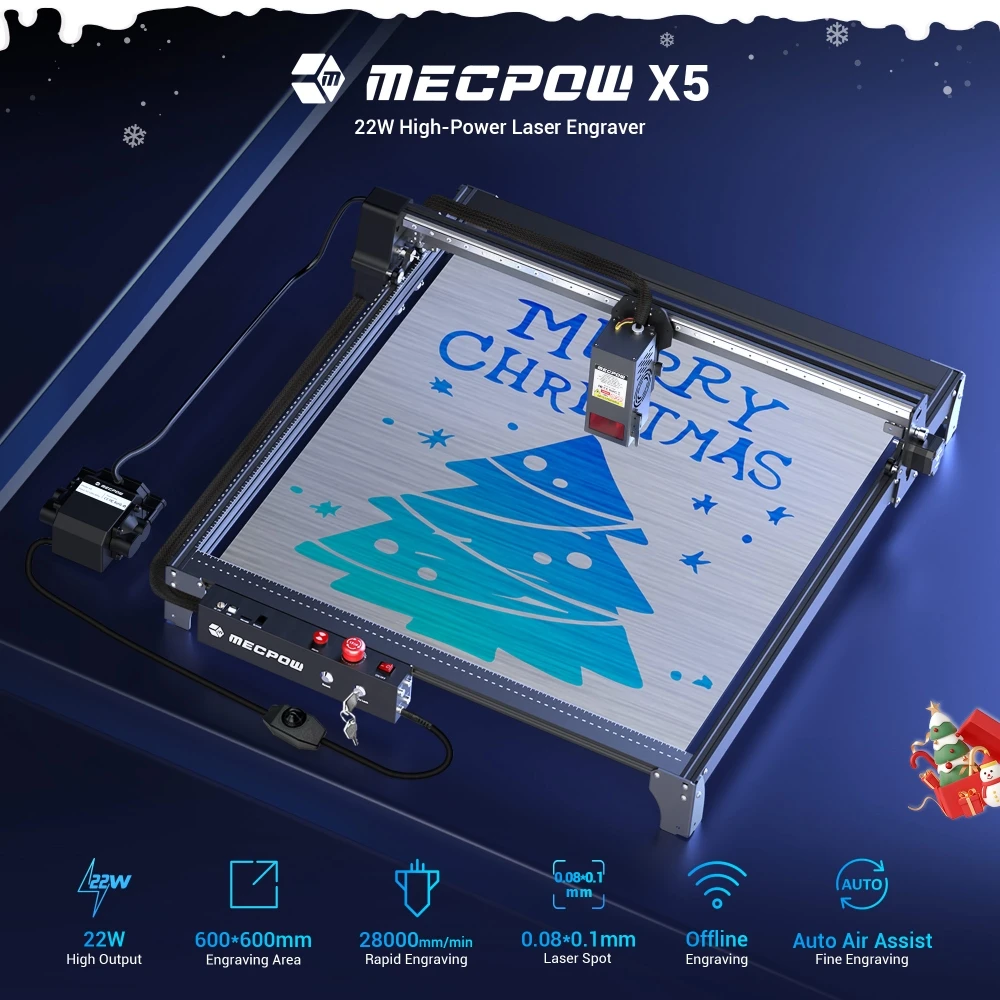 Graveur laser Mecpow X5, puissance laser 22 W, assistance pneumatique automatique, point laser 0,08 x 0,1 mm, vitesse de gravure 28 000 mm/min, verrouillage de sécurité, arrêt d'urgence, détection de flamme, gravure hors ligne, 600 x 600 mm