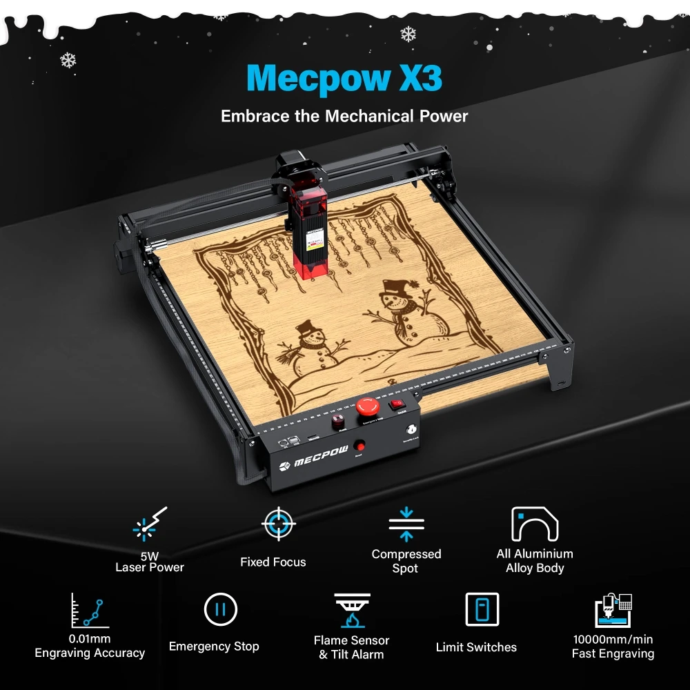 Mecpow X3 Laser Engraver, 5W Laser Power, Fixed-Focus, 0.01mm Accuracy, 10000 mm/min Engraving Speed, Safety Lock, Emergency Stop, Flame Detection, Gyroscope Sensor, 410x400mm - EU Plug