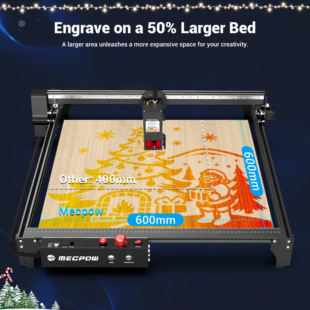 Graveur laser Mecpow X5 Pro, puissance laser 33 W, assistance pneumatique automatique, point laser 0,08 x 0,1 mm, vitesse de gravure 28 000 mm/min, verrouillage de sécurité, arrêt d'urgence, détection de flamme, gravure hors ligne, 600 x 600 mm