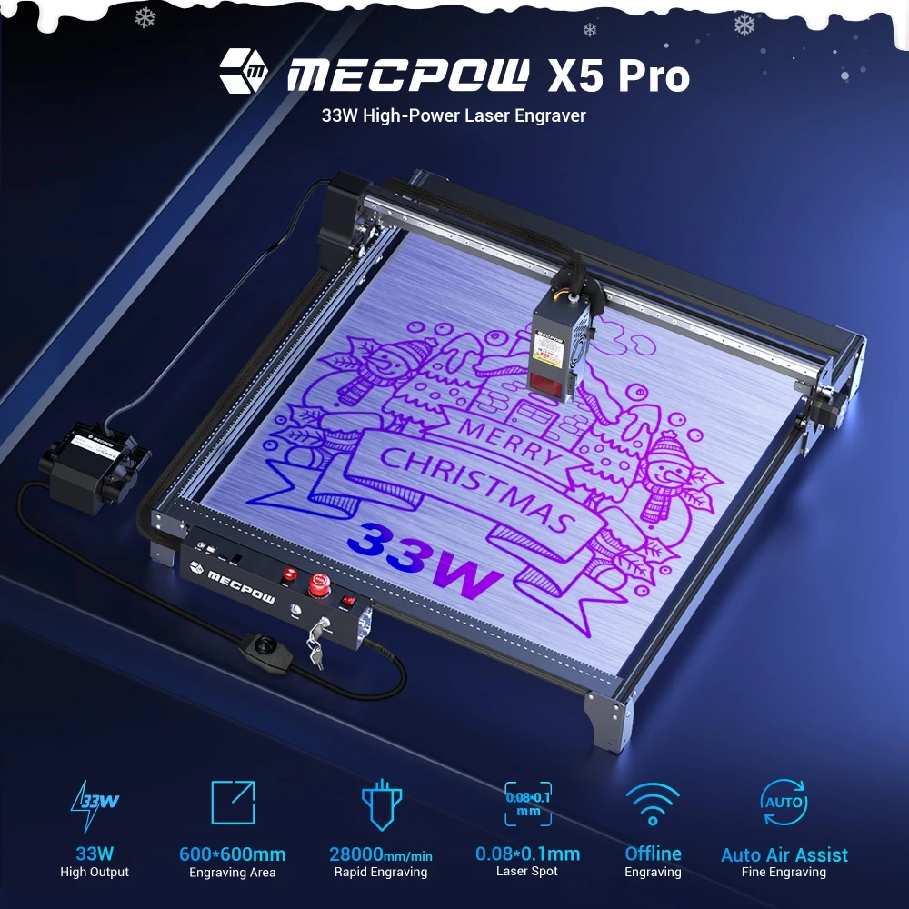 Graveur laser Mecpow X5 Pro, puissance laser 33 W, assistance pneumatique automatique, point laser 0,08 x 0,1 mm, vitesse de gravure 28 000 mm/min, verrouillage de sécurité, arrêt d'urgence, détection de flamme, gravure hors ligne, 600 x 600 mm