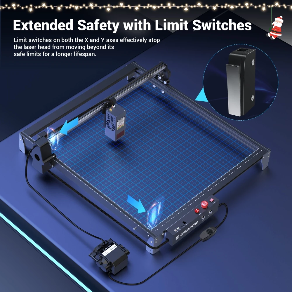 Graveur laser Mecpow X5 Pro, puissance laser 33 W, assistance pneumatique automatique, point laser 0,08 x 0,1 mm, vitesse de gravure 28 000 mm/min, verrouillage de sécurité, arrêt d'urgence, détection de flamme, gravure hors ligne, 600 x 600 mm