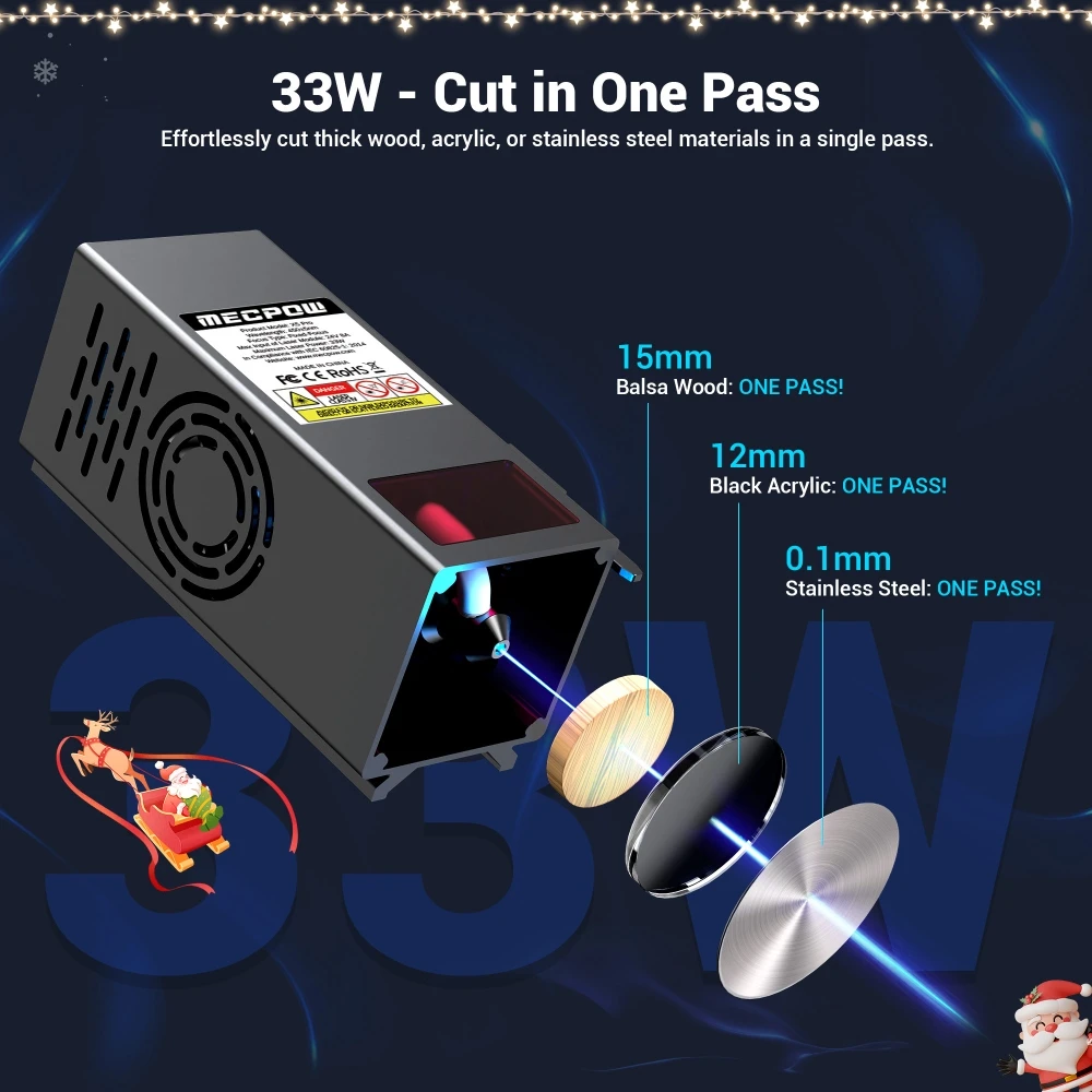 Graveur laser Mecpow X5 Pro, puissance laser 33 W, assistance pneumatique automatique, point laser 0,08 x 0,1 mm, vitesse de gravure 28 000 mm/min, verrouillage de sécurité, arrêt d'urgence, détection de flamme, gravure hors ligne, 600 x 600 mm